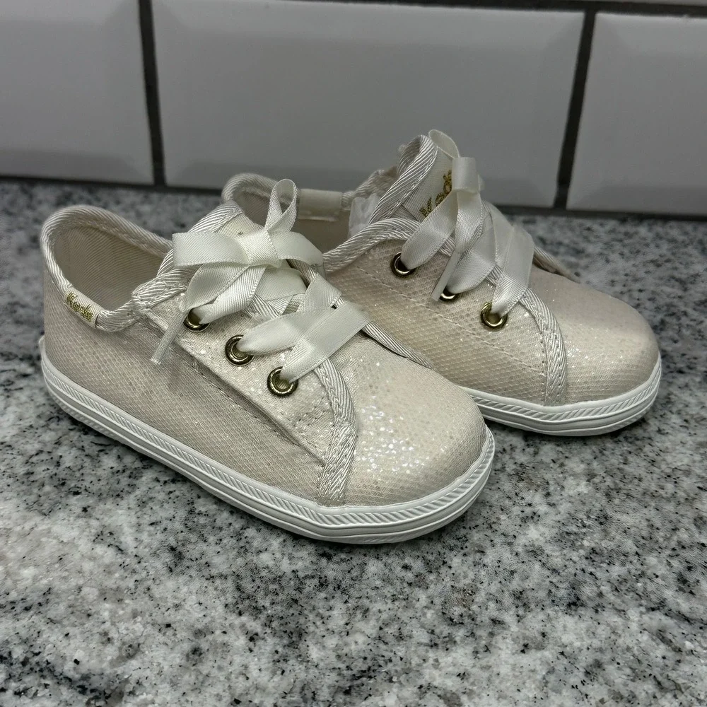 Keds Toddler 4M Kickstart Celebrations‎ Sneakers Cream Glitter Satin Ribbon Bow